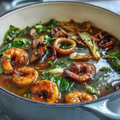 An inviting seafood hot pot filled with shrimp, fish, mussels, and vibrant Asian vegetables, perfect for sharing.  