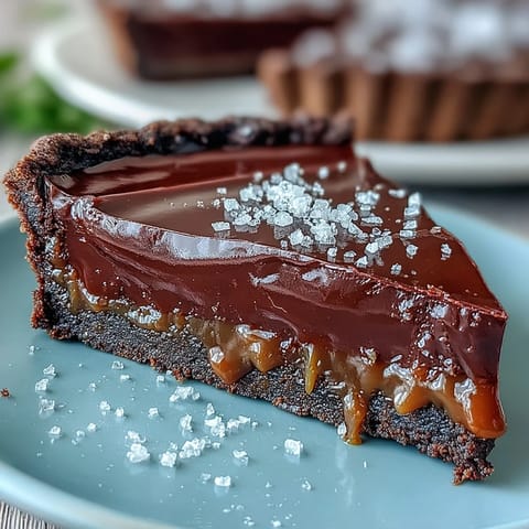 Rich chocolate tart filled with silky salted caramel, topped with smooth ganache and sea salt flakes.