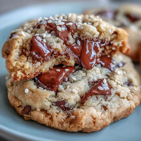 Tahini-chocolate chip cookies with rich nutty flavor and gooey dark chocolate chunks, baked to golden perfection.