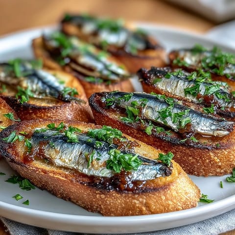 Crispy crostini topped with sardines, lemon zest, and parsley for a fresh appetizer.  