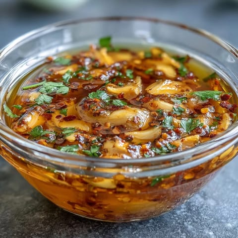 Aromatic garlic and chili-infused oil with fresh cilantro, perfect for dipping dumplings or noodles.