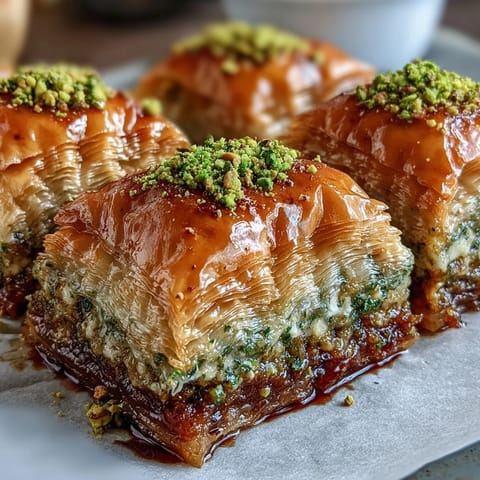 Golden baklava with layers of crisp phyllo, chopped pistachios, and sweet honey syrup, served on a white plate.  