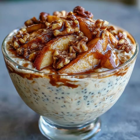 A bowl of creamy overnight oats topped with cinnamon-spiced apples and crunchy toasted walnuts, perfect for a wholesome breakfast.