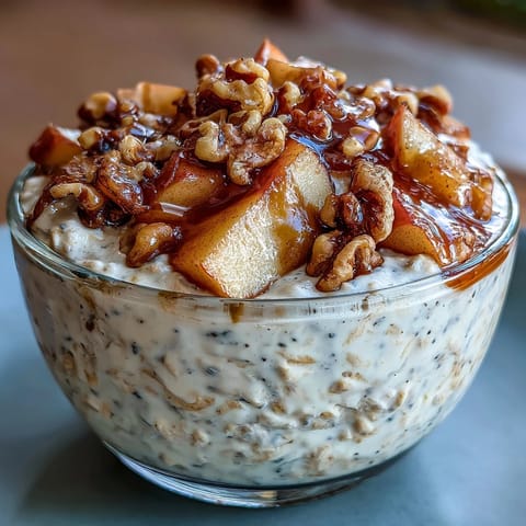 Velvety overnight oats swirled with tender cinnamon apples and garnished with rich, nutty walnuts for added texture and flavor.