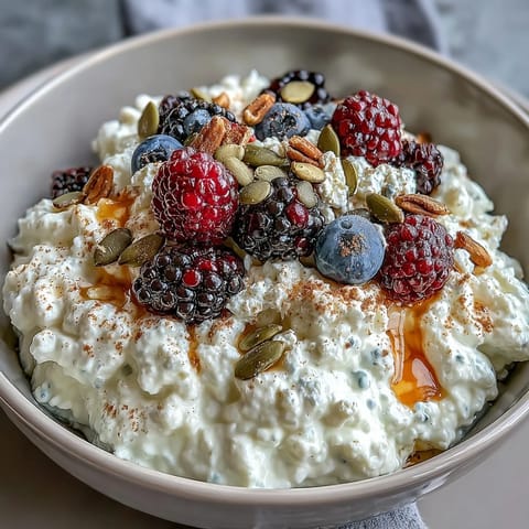 Wholesome cottage cheese breakfast bowl with juicy berries and crunchy seeds, drizzled with honey for a nourishing start.