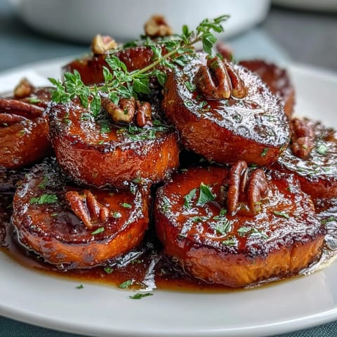 Candied yams with bourbon and brown sugar, baked until tender and glazed with warm spices.  