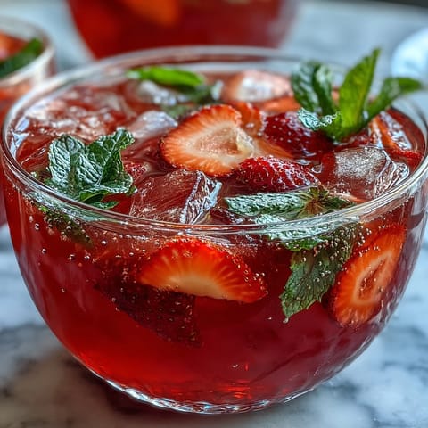 A vibrant pink lemonade strawberry punch with fresh fruit slices, perfect for Galentines Day celebrations.