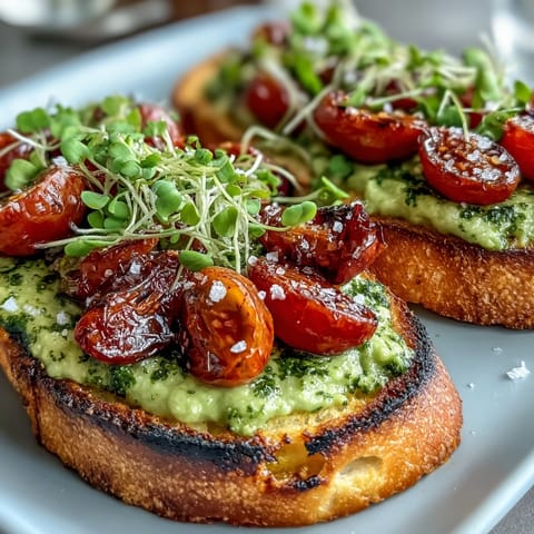 Creamy avocado pesto spread on rustic sourdough toast, topped with juicy cherry tomatoes and crisp microgreens for a vibrant breakfast.