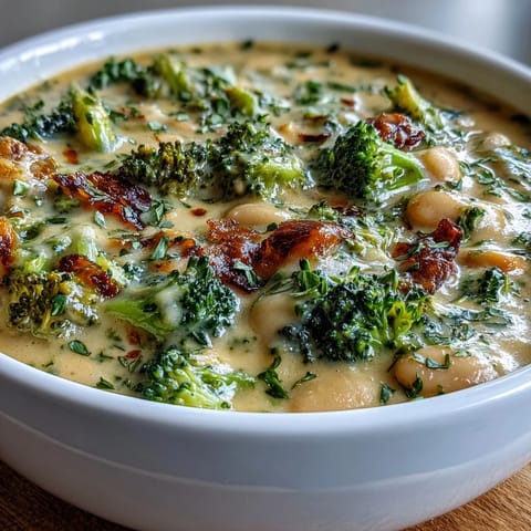 A creamy bowl of broccoli and cheddar bean soup, garnished with extra cheddar and broccoli florets.  