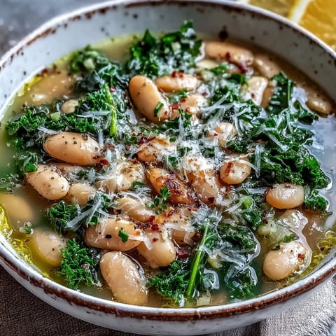 A rustic bowl of Tuscan white bean soup with tender kale, creamy beans, and a vibrant lemon zest garnish, perfect for a cozy dinner.  