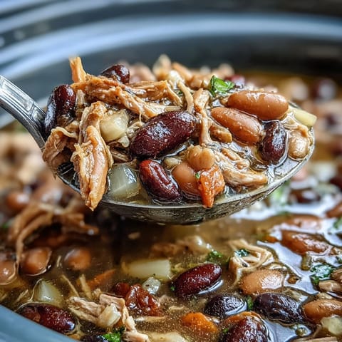 Hearty 15-bean crockpot soup with smoked turkey, featuring tender beans and savory meat in a rich broth.  
