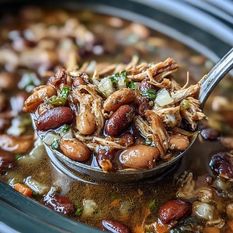 Slow-cooked 15-bean soup with smoked turkey and vegetables, perfect for warming up on cold days.  
