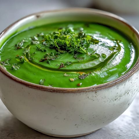 Vibrant green detox vegetable soup with zucchini and peas, garnished with fresh herbs and lemon zest.  
