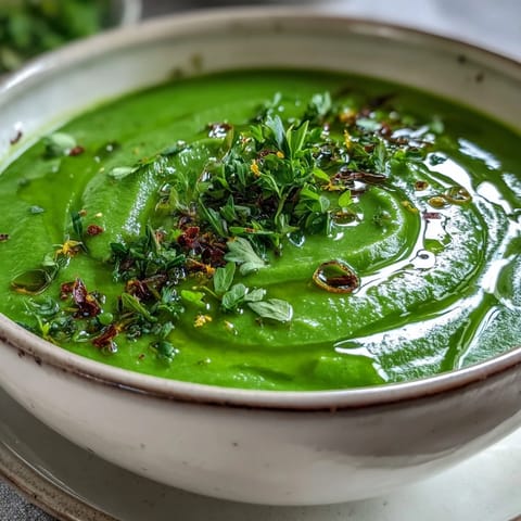 Creamy green detox soup with zucchini, peas, and spinach, served hot and ready for a nourishing meal.  
