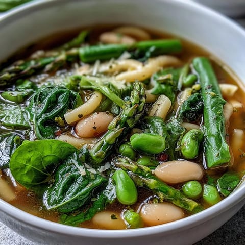 A vibrant bowl of spring minestrone with white beans and tender asparagus, garnished with fresh parsley and lemon zest.