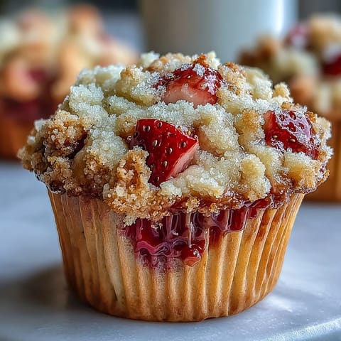 Golden strawberry muffins topped with a buttery crumble and fresh lemon zest, perfect for a sweet breakfast or snack.