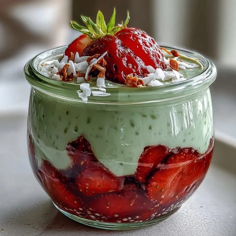 Strawberry matcha layered chia pudding jars with vibrant red strawberry puree, creamy matcha yogurt, and black chia seeds in clear glass jars.
