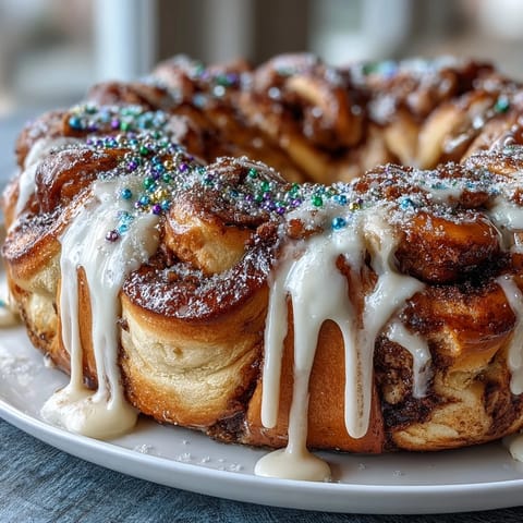 Festive Mardi Gras King Cake Cinnamon Roll Wreath drizzled with sweet icing and dusted with purple, green, and gold sugars.  