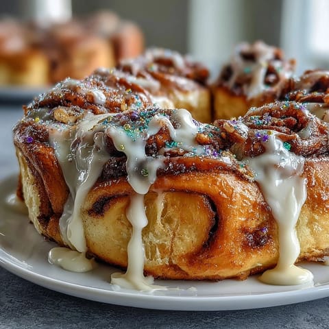 Warm, golden cinnamon roll wreath baked into a ring and topped with rich glaze for a Mardi Gras celebration centerpiece.  