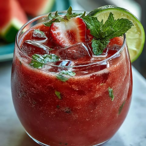 Refreshing alcohol-free daiquiri mocktail blending ripe strawberries and juicy watermelon with zesty lime and mint.  