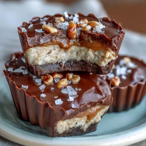 Decadent peanut butter and cottage cheese freezer bites with a smooth chocolate shell and a sprinkle of sea salt for balance.  