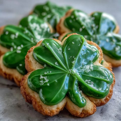 Festive shamrock-shaped sugar cookies with glossy green royal icing, perfect for St. Patrick's Day celebrations.