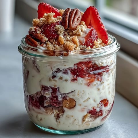 A creamy jar of strawberry cheesecake overnight oats topped with fresh strawberries and crushed graham crackers for a sweet, satisfying breakfast.