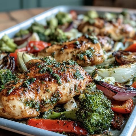 A vibrant one-pan meal featuring tender chicken and caramelized bell peppers, broccoli, and red onion, seasoned with Italian herbs.  