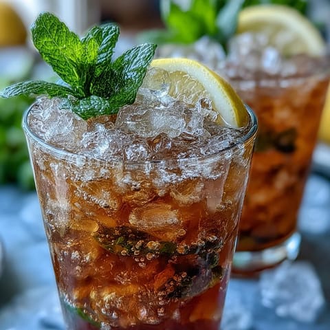 Refreshing Kentucky Derby mini mint julep mocktails in chilled glasses, garnished with mint sprigs and lemon slices for a festive, non-alcoholic treat.