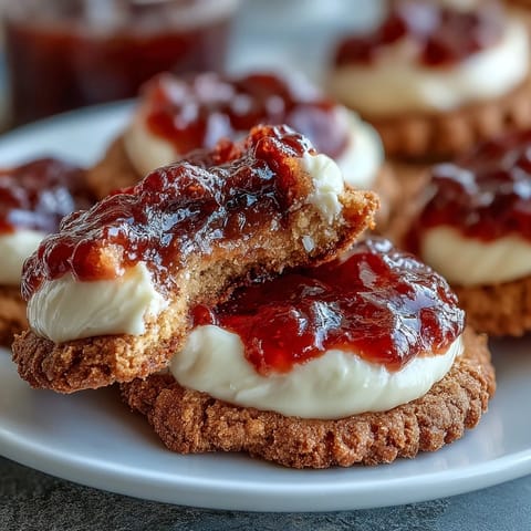 Golden clotted cream and strawberry jam thumbprint cookies on a rustic plate, perfect for afternoon tea.