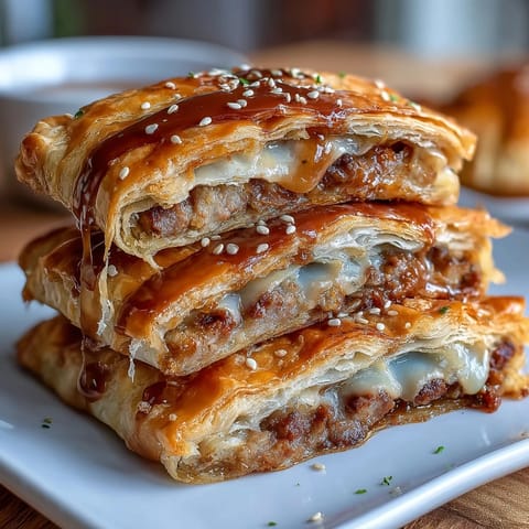 Golden puff pastry pigs in a blanket with mini sausages, served with tangy honey mustard dip for game day snacking.