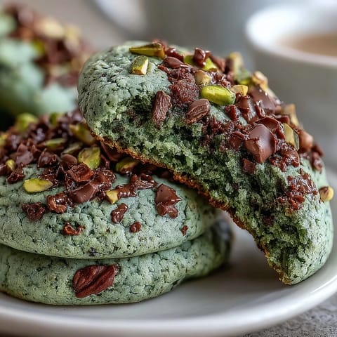 Vibrant green pistachio pudding cookies with chopped nuts and white chocolate chips, soft and chewy for St. Patrick's Day celebrations.