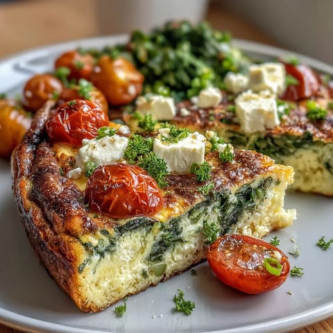 Healthy Easy Spring Veggie Frittata with vibrant asparagus, spinach, and tomatoes baked to golden perfection.