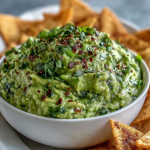 Creamy edamame guacamole with ripe avocado and fresh lime, served with crispy golden pita chips for a healthy snack.