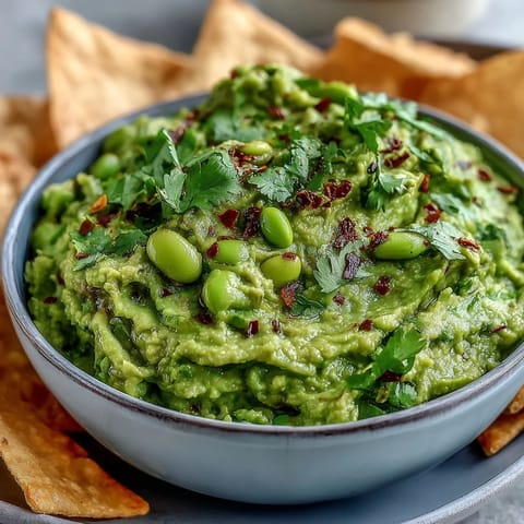 Bright green edamame guacamole bursting with cilantro and lime, paired with warm, lightly spiced whole wheat pita chips.