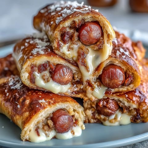 Mini baseball hot dogs in crescent roll dough, golden and flaky, perfect for game day snacks.