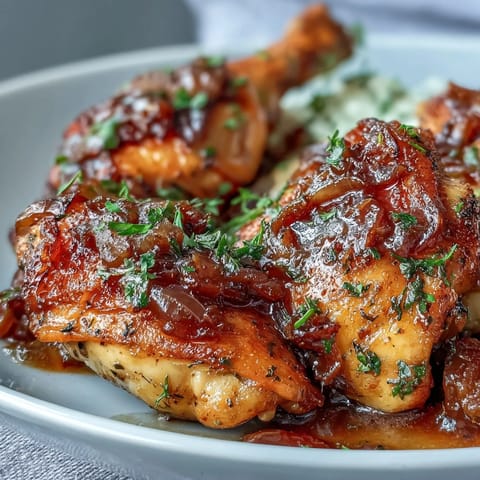 Soul Food Smothered Chicken with Onion Gravy in a skillet with golden chicken and rich, savory gravy.