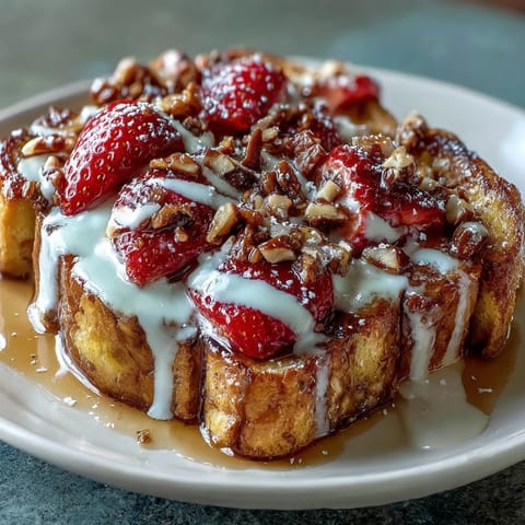 Spring brunch strawberry French toast bake with golden brioche and fresh berries, baked until custardy and topped with almonds.  