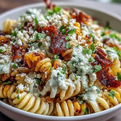 Vibrant Elote Pasta Salad with Cotija, Chili, and Lime, featuring charred corn and creamy cheese.  