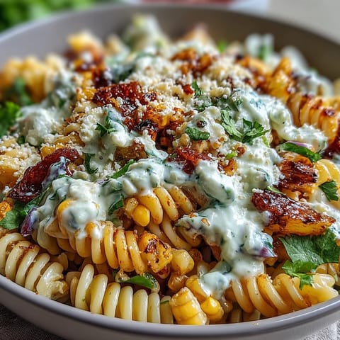 Creamy Mexican-inspired pasta salad with zesty lime, chili, and Cotija cheese for bold flavor.  