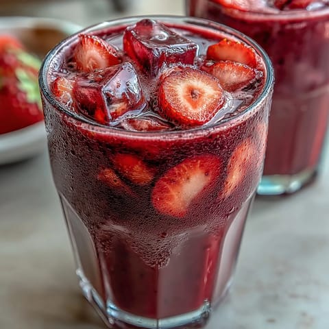 Vibrant red strawberries and açaí blend in a refreshing Starbucks-style refresher, perfect for a hot summer day.