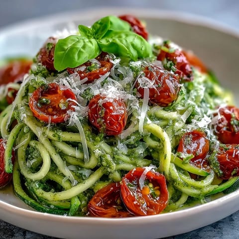 Vibrant zucchini noodles tossed with fresh basil pesto and juicy cherry tomatoes, a perfect light Mediterranean dinner.