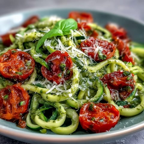 Colorful spiralized zucchini noodles with homemade pesto and sweet cherry tomatoes, served with a sprinkle of Parmesan cheese.