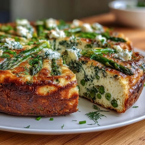 Spring Frittata with Asparagus, Peas and Goat Cheese: A vibrant skillet dish with tender vegetables and creamy goat cheese, baked to golden perfection.