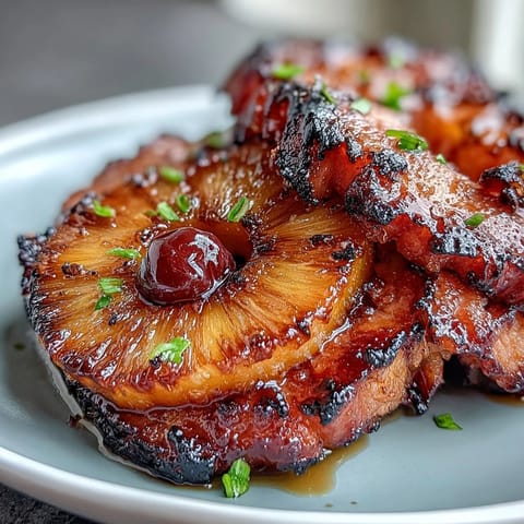 1. Golden honey glazed ham with pineapple rings and cherries, a sweet and savory holiday centerpiece.  