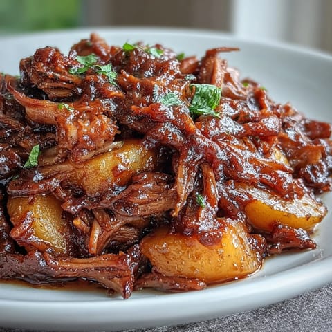 Honey Peach BBQ Pulled Pork with juicy peaches and a golden honey glaze, served on soft buns for a summer cookout.  