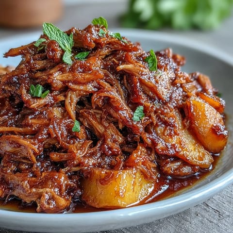 Slow cooker Honey Peach BBQ Pulled Pork, tender meat in a sweet and tangy sauce, perfect for feeding a crowd.  