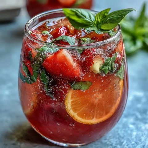 Strawberry Basil Sangria Mocktail with fresh strawberries, citrus slices, and fragrant basil in a glass pitcher, perfect for summer parties.