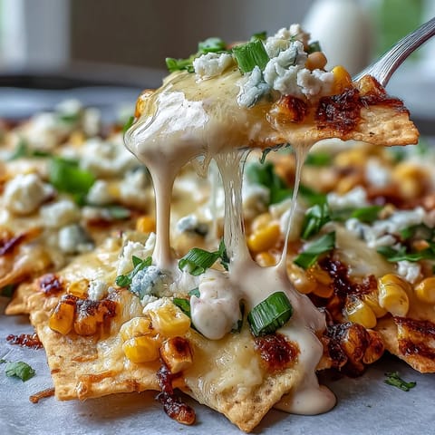 Loaded Cinco de Mayo Elote Nachos with cheesy corn.