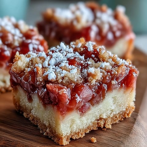 Sweet, tangy Rhubarb Custard Bars on buttery shortbread, a perfect treat.